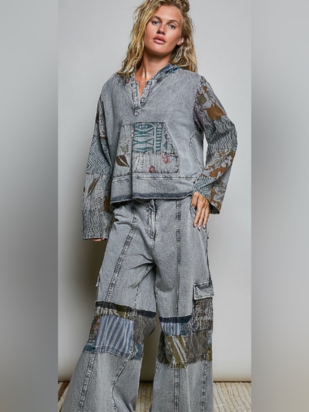 POL Patchwork Wide-Leg Pant Set - Gray